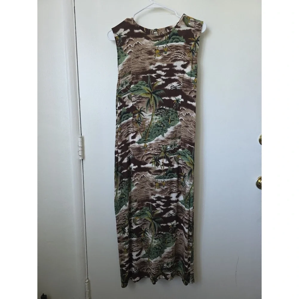 Vintage‎ Tropical Hawaiian Scenic Print Sleeveless Maxi Dress Brown Green Tan